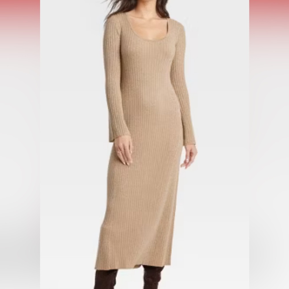 Elegant Tan Ribbed Knit Dress